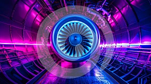 Vibrant pink and blue hues illuminate the jet engine's intricate design, highlighting the sleek blades and turbine.