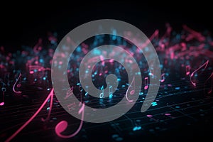 Vibrant Pink and Blue Music Notes on a Dark Background, Generative AI