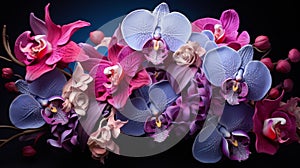 Vibrant Pink and Blue Orchids with Roses in Bloom. Generative AI