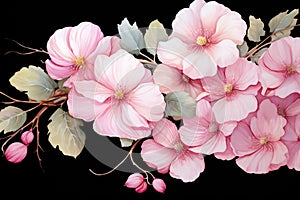 A Vibrant pink cherry blossom branch with green leaves leans across a black background. Used for spring and floral