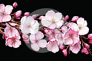 A Vibrant pink cherry blossom branch leans across a black background. Used for spring and floral themes as well as