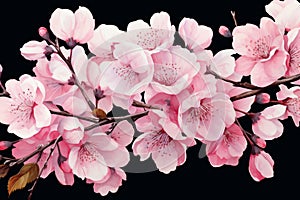 A Vibrant pink cherry blossom branch leans across a black background. Used for spring and floral themes as well as