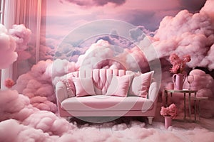 Vibrant Pink clouds room. Generate Ai