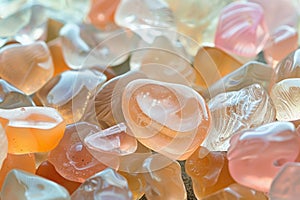 Vibrant pink, coral, orange and peachy sea glass. Colorful glass pebbles. Generative AI