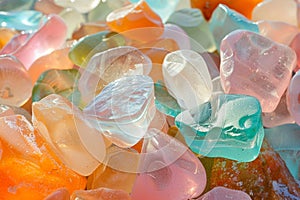 Vibrant pink, coral, orange and peachy sea glass. Colorful glass pebbles. Generative AI