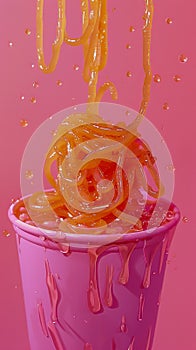 Vibrant Pink Cup Overflowing with Juicy Orange Honey Splash on a Bright Pink Background