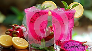 Vibrant pink dragon fruit beverages with ice, garnished with lemon slices and mint leaves