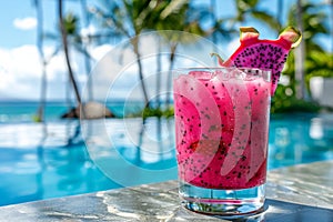 Vibrant Pink Dragon Fruit Cocktail by Poolside Table