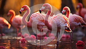 Vibrant pink flamingos wading in tranquil blue pond at sunset generated by AI