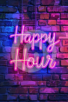 Vibrant pink Happy Hour neon sign against a brick wall.