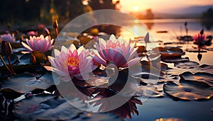 A vibrant pink lotus blossom floats on tranquil pond water generated by AI