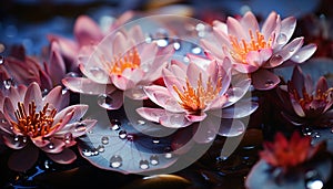 Vibrant pink lotus blossom reflects in tranquil pond water generated by AI