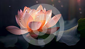 Vibrant pink lotus flower blossoms in tranquil pond generated by AI
