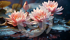 A vibrant pink lotus flower floats on tranquil pond water generated by AI