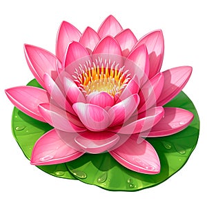 Vibrant pink lotus flower with water droplets on its petals, resting on a green lily pad, shown in a vivid and glossy illustration