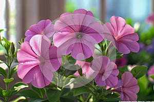 Vibrant Pink Petunia Flowers Blooming in Sunlit Garden, Close up, Soft Focus, Nature Background Concept, Blossoming Spring Floral