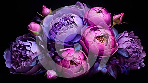 Vibrant pink and purple peony flowers on the dark background.