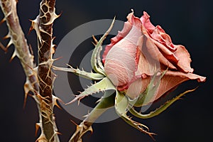A vibrant pink rose bud delicately blossoms on a slender twig in this close-up nature photograph, A prickly and rough texture of a