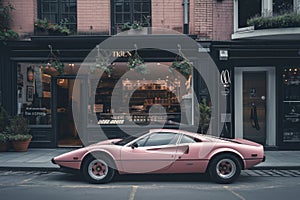 A vibrant, pink sports car is parked in front of a store, adding a pop of color to the scene, A pink sports car parked in front of