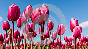 Vibrant pink tulips against a blue sky