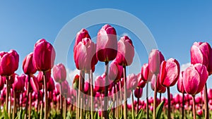 Vibrant pink tulips against a blue sky