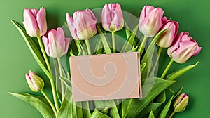 Vibrant Pink Tulips on Green Background with Blank Card. Perfect for Mother's Day Greetings, Wedding Invitations