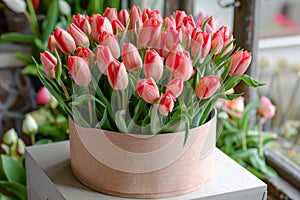 Vibrant Pink Tulips in a Round Cardboard Flower Box at a Florists Shop