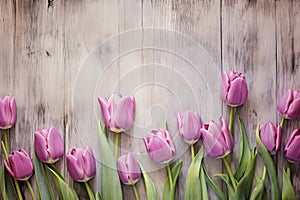 Vibrant Pink Tulips and a Rustic Wooden Background.