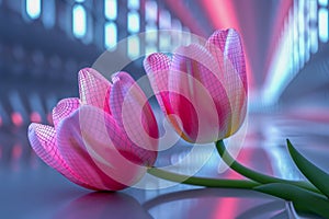 Vibrant Pink Tulips with Soft Glowing Light in Futuristic Abstract Background