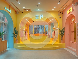 A vibrant, pink-yellow retail store selling fashion or lifestyle products, with mannequins displayed The store has a photo