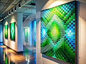 Vibrant Pixel Art Exhibition Poster A Celebration of Digital Aesthetics in a Stunning GreenBlue Palette photo