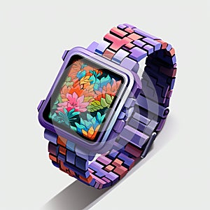 Vibrant Pixellated Watch With Flower Design And Hyperrealistic Compositions