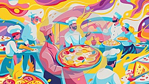 Vibrant Pizza Party with Animated Chefs Enjoying Cooking and Serving photo