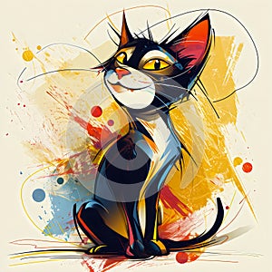 A vibrant and playful cat illustration art with bold abstract splashes