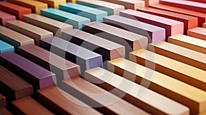 Vibrant and playful colorful wooden blocks aligned in 3d style, creating abstract background