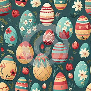 Vibrant and playful easter eggs pattern on a bright solid background, seamless and repeatable design