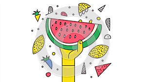 Colorful illustration of a hand holding a watermelon slice surrounded by fruits photo