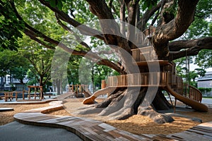 A vibrant playground with a prominent tree standing in the middle, surrounded by children playing on various equipment, An eco-