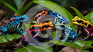 Vibrant Poison Dart Frogs Gathering on the Lush Jungle Ground photo