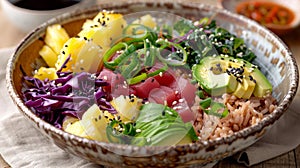 A vibrant poke bowl with fresh sashimi, avocado slices, seaweed salad