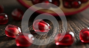 Vibrant pomegranate arils glow on rustic wood