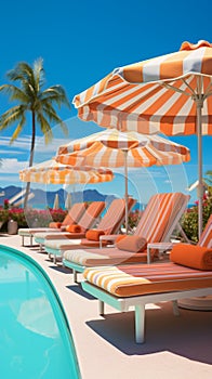 Vibrant poolside umbrellas provide shade for comfortable lounging chairs around the pool photo