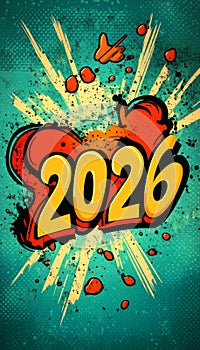 Vibrant Pop Art Background With Comic Style Graphics, Bokeh Effect, And The Number 2026