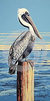 Vibrant Pop Art Pelican Illustration On Wooden Post