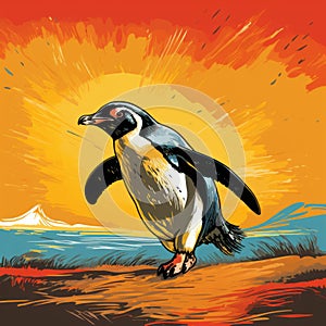 Vibrant Pop Art Penguin Illustration With Himalayan Art Influence