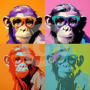 Colorful Pop-art Portraits Of Four Monkeys In Andy Warhol Style photo