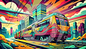 Vibrant Pop Art Style Cityscape with Colorful Express Train