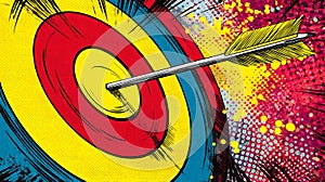 A vibrant pop art-style illustration features a bullseye with concentric circles in yellow, red, and blue. photo