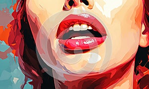 Vibrant pop art style illustration of luscious red lips, a close-up capturing the sensuality and boldness of female expression