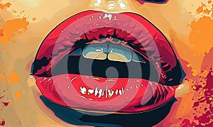 Vibrant pop art style illustration of luscious red lips, a close-up capturing the sensuality and boldness of female expression
